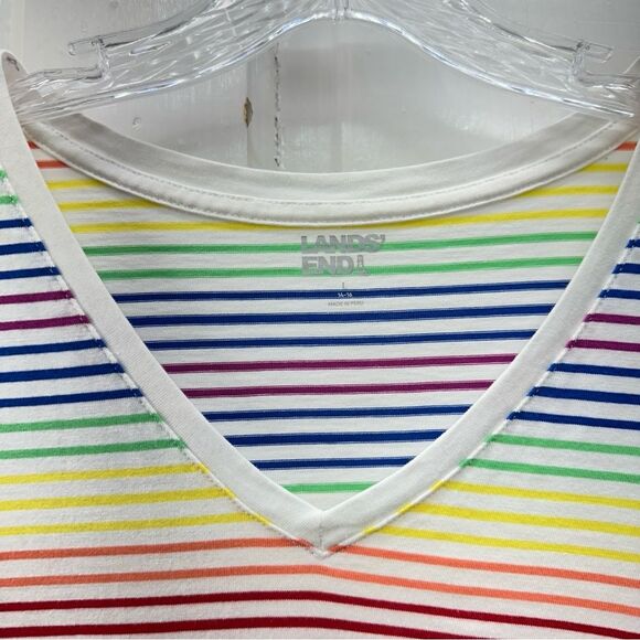 Lands' End rainbow stripe V neck short sleeve shirt women's large 14 16 - Picture 3 of 4